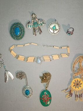 9- Vintage Southwestern Necklaces Ring Pin Thunderbird Feathers Blue Green